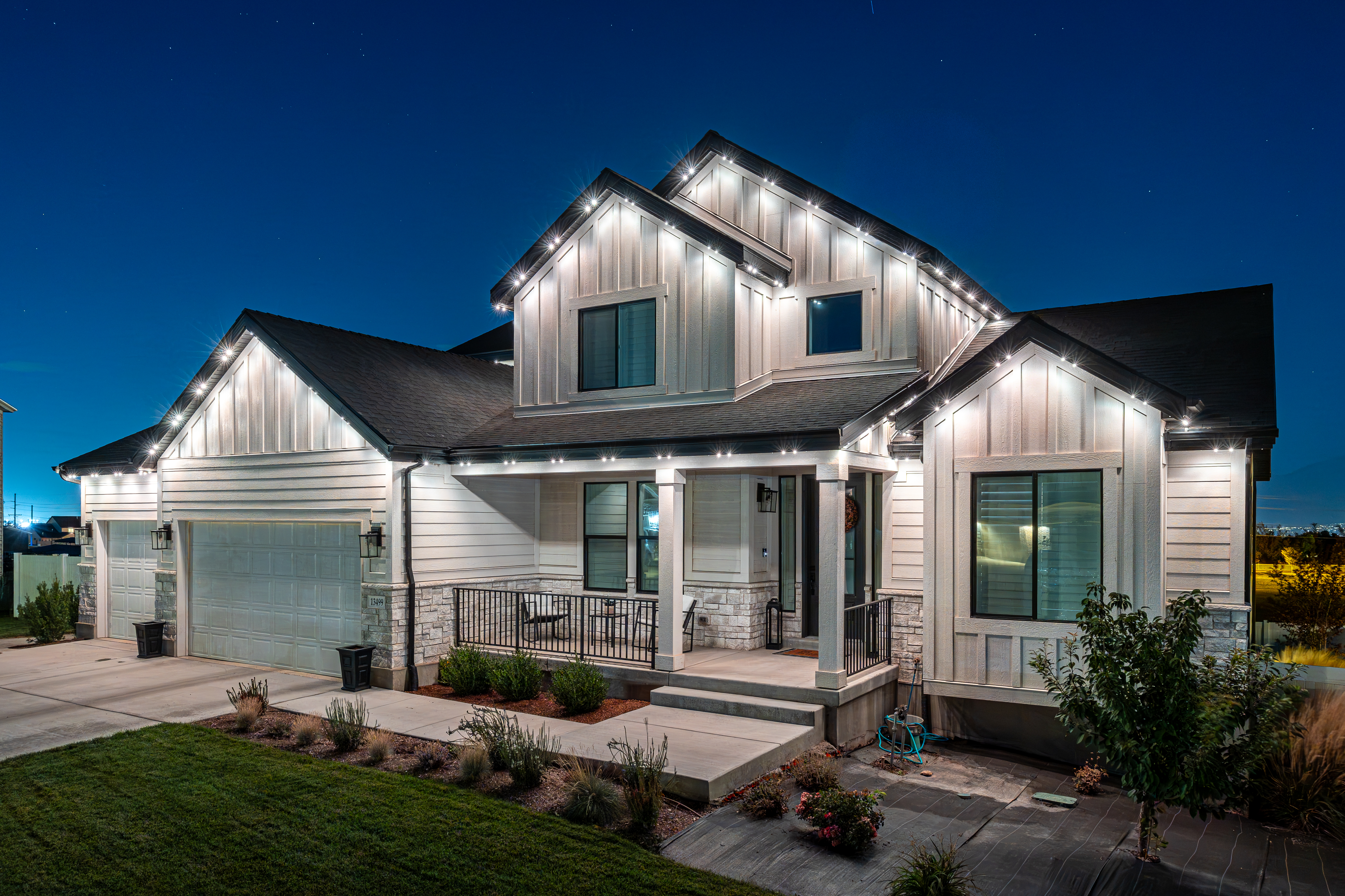 Roofline lighting detail at night
